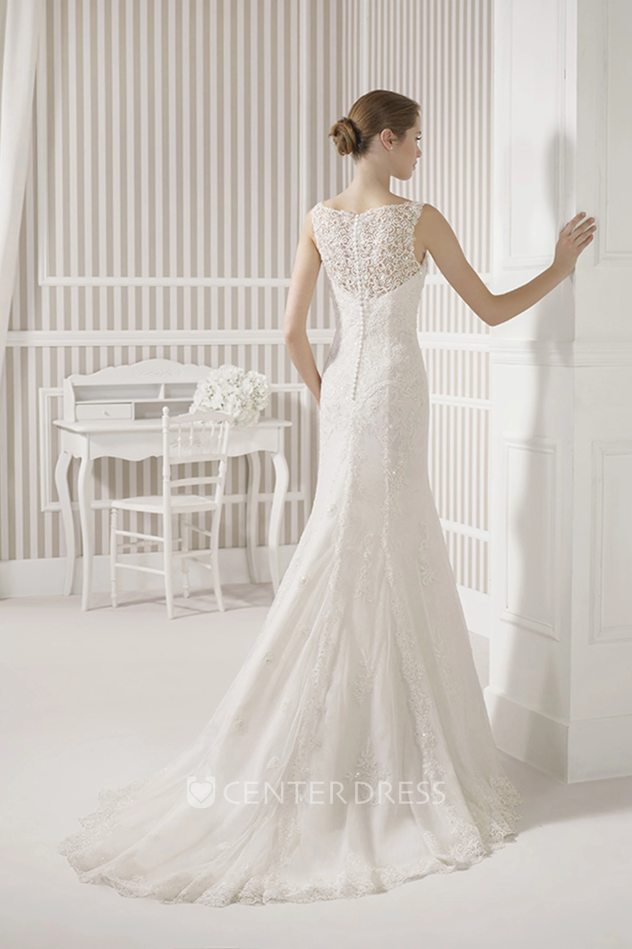 Sheath Long Sleeveless Bateau Lace Wedding Dress With Court Train And Illusion Back