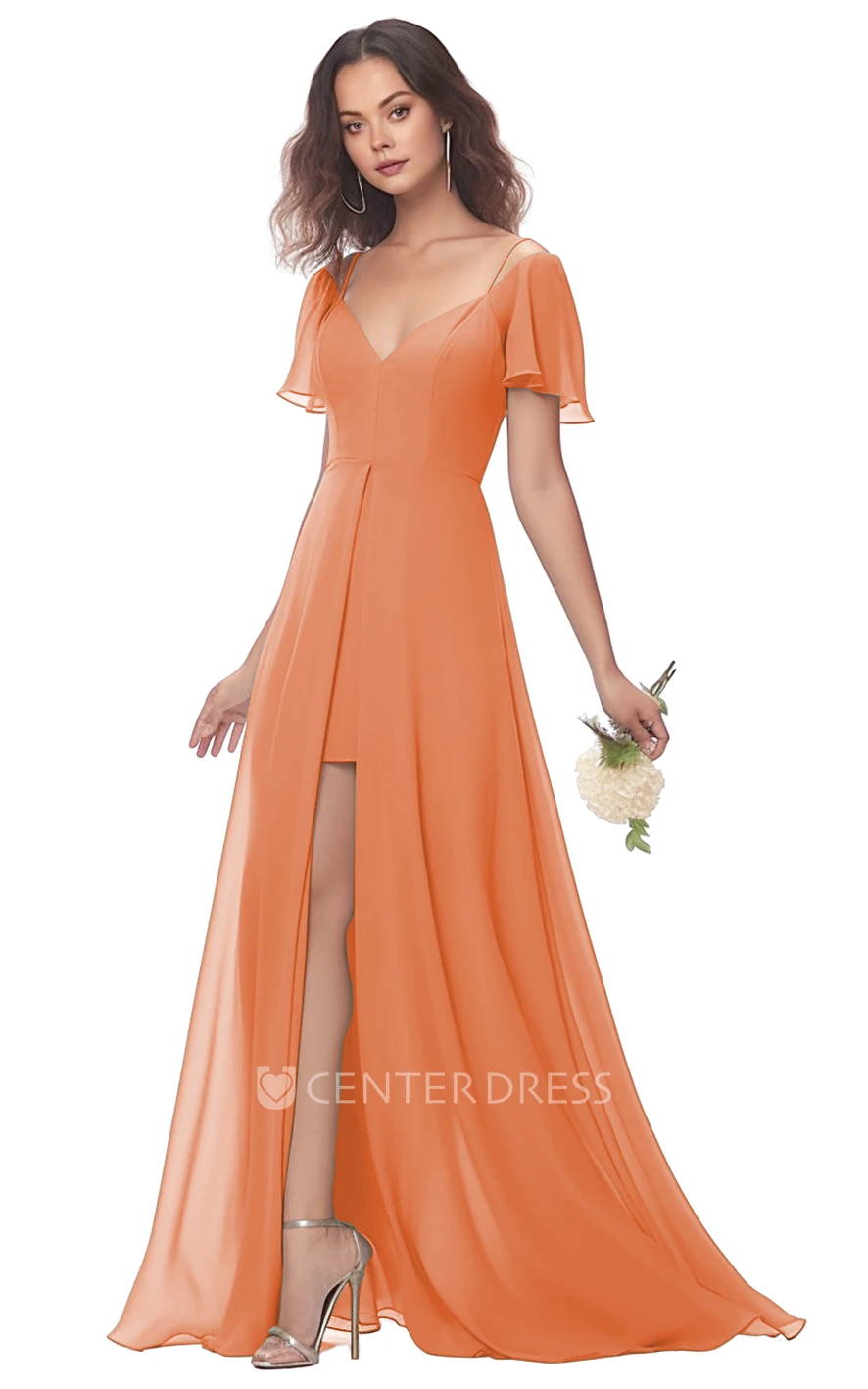 A-Line Chiffon V-neck Split Bridesmaid Dress Modest & Unique