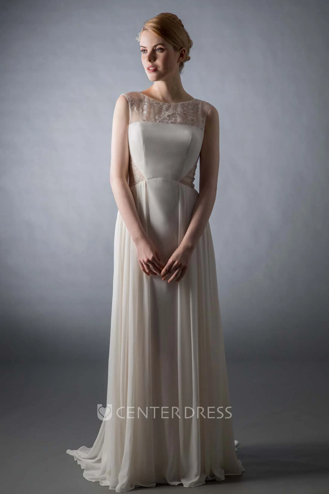 Sheath Scoop Cap-Sleeve Beaded Floor-Length Satin&Chiffon Wedding Dress With Illusion Back And Sweep Train