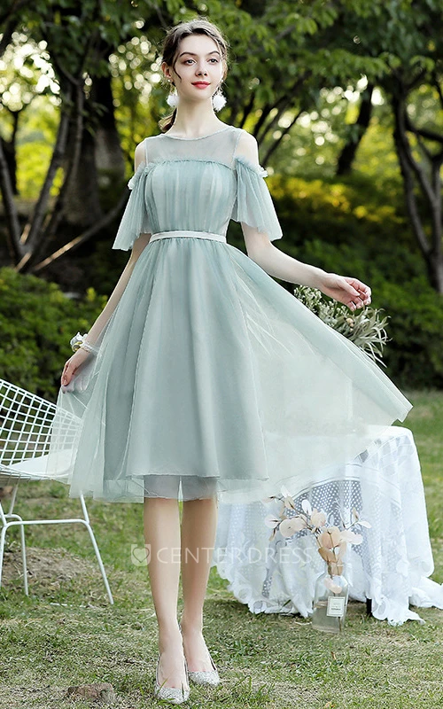 Simple Tulle Off-the-Shoulder V-Neck a Line Midi Homecoming Dress with Ruching