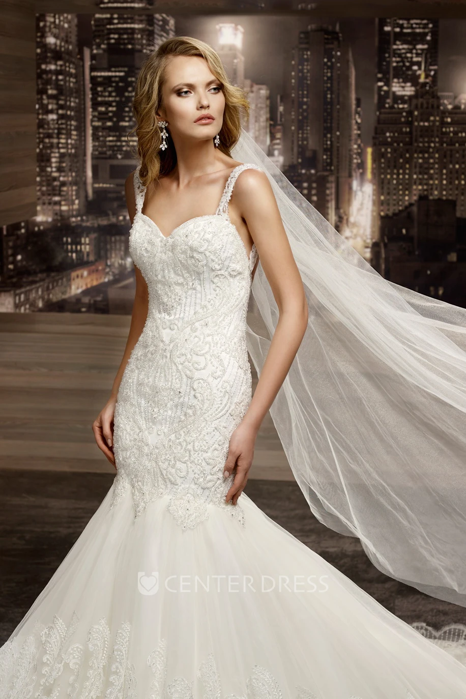 Sweetheart Court-train Mermaid Wedding Gown with Lace Straps and Open Back