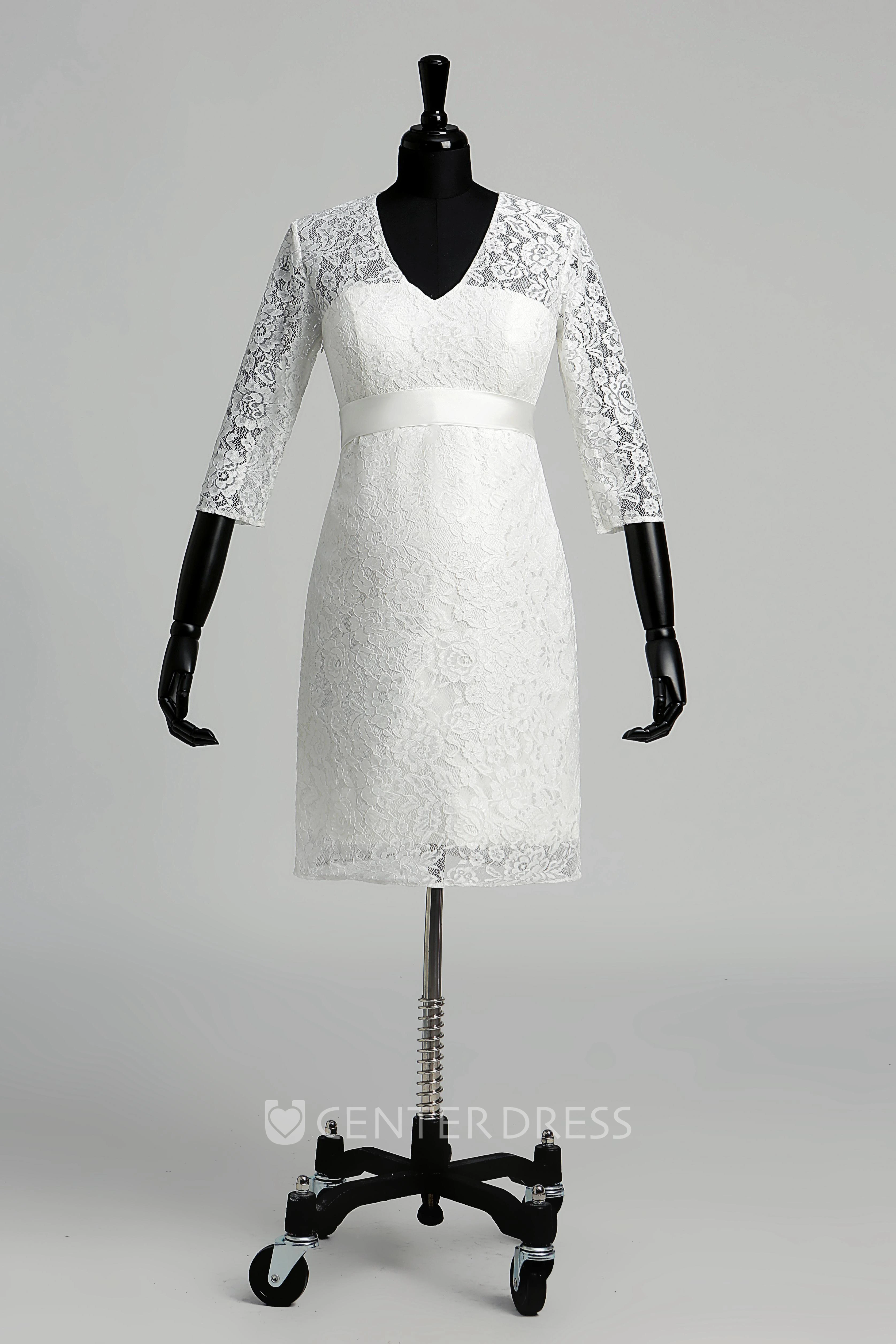 Lace A-line V-neck Illusion 3/4 Length Sleeve Ruched Maternity Wedding Dress