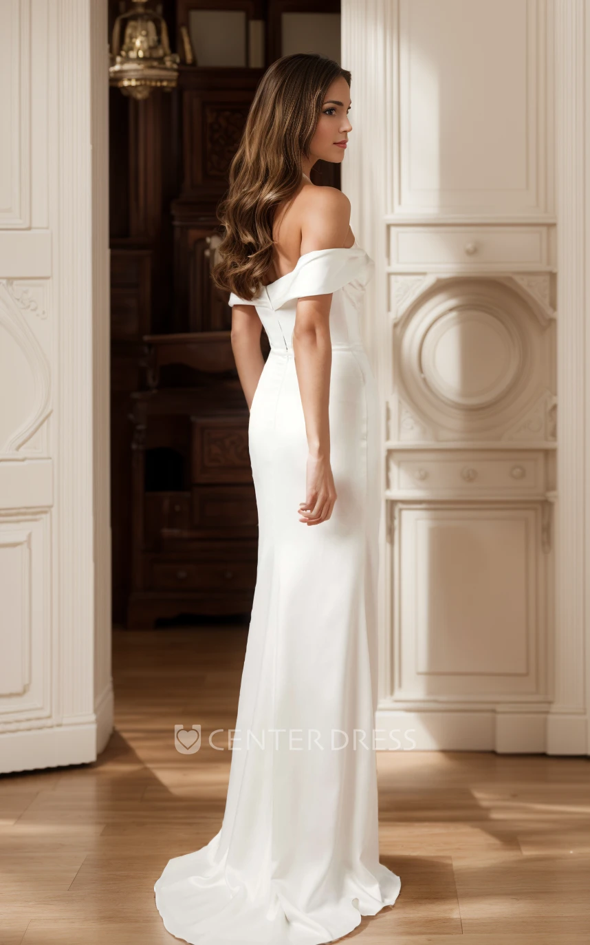 Simple Modest Mermaid Off the Shoulder Maxi Winter Wedding Dress Minimalist Elegant Split Front Draping Bridal Gown