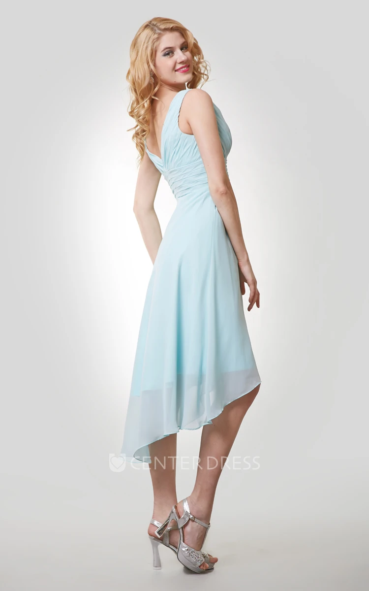 High-Low V-Neck Chiffon Sleeveless Bridemaid Dress With Ruching