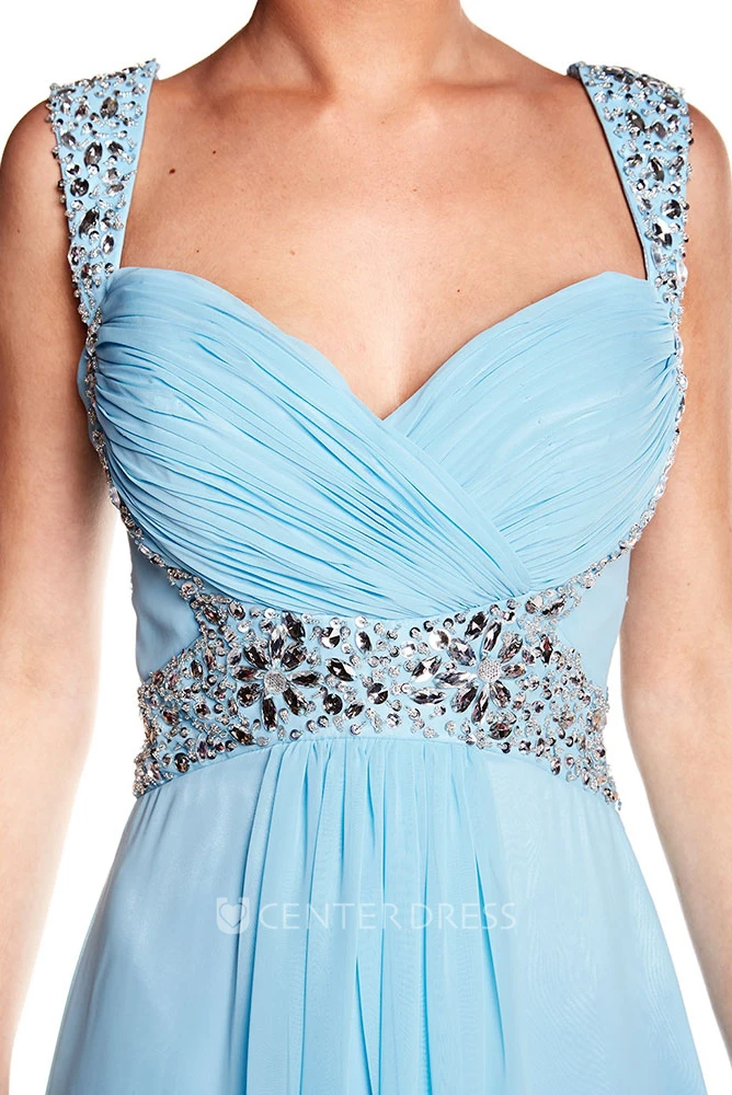 Sleeveless Strapped Criss-Cross Chiffon Prom Dress With Beading
