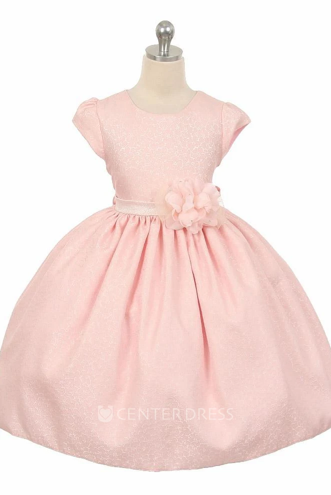 Tea-Length Floral Floral Beaded Flower Girl Dress With Ribbon