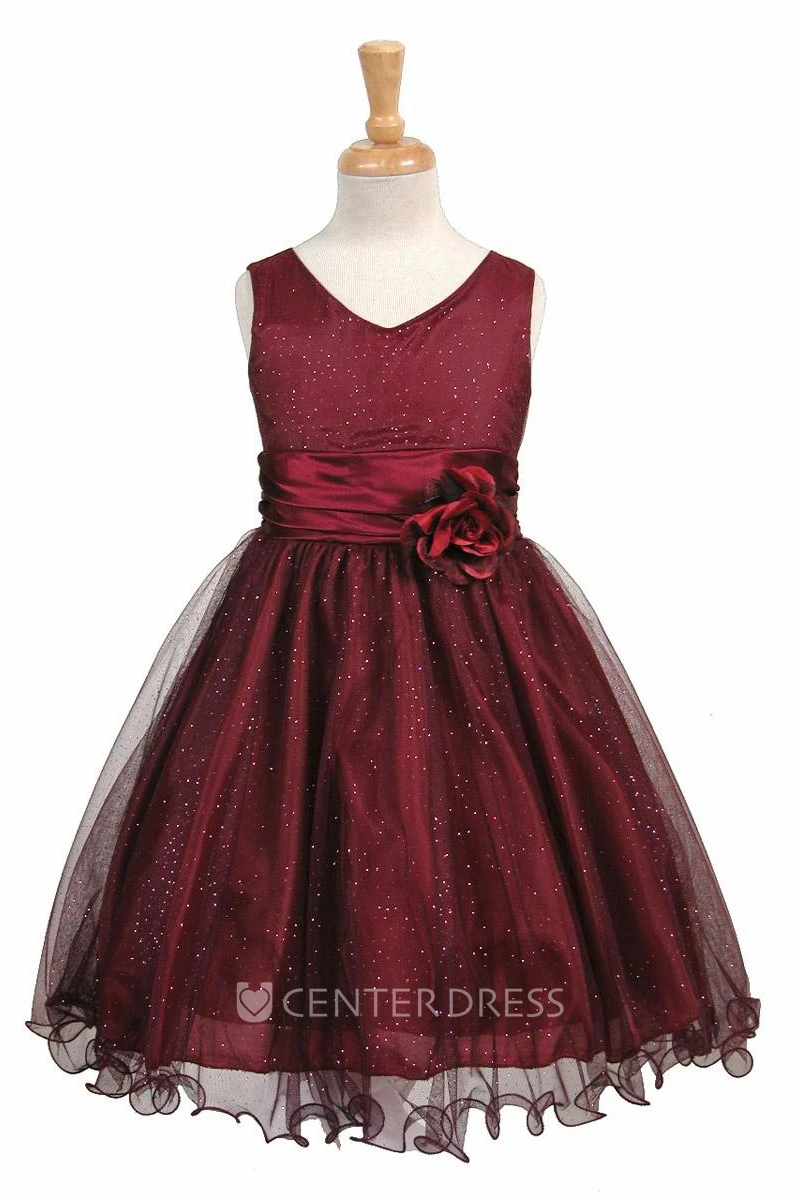 Knee-Length V-Neck Tiered Charmeuse Flower Girl Dress