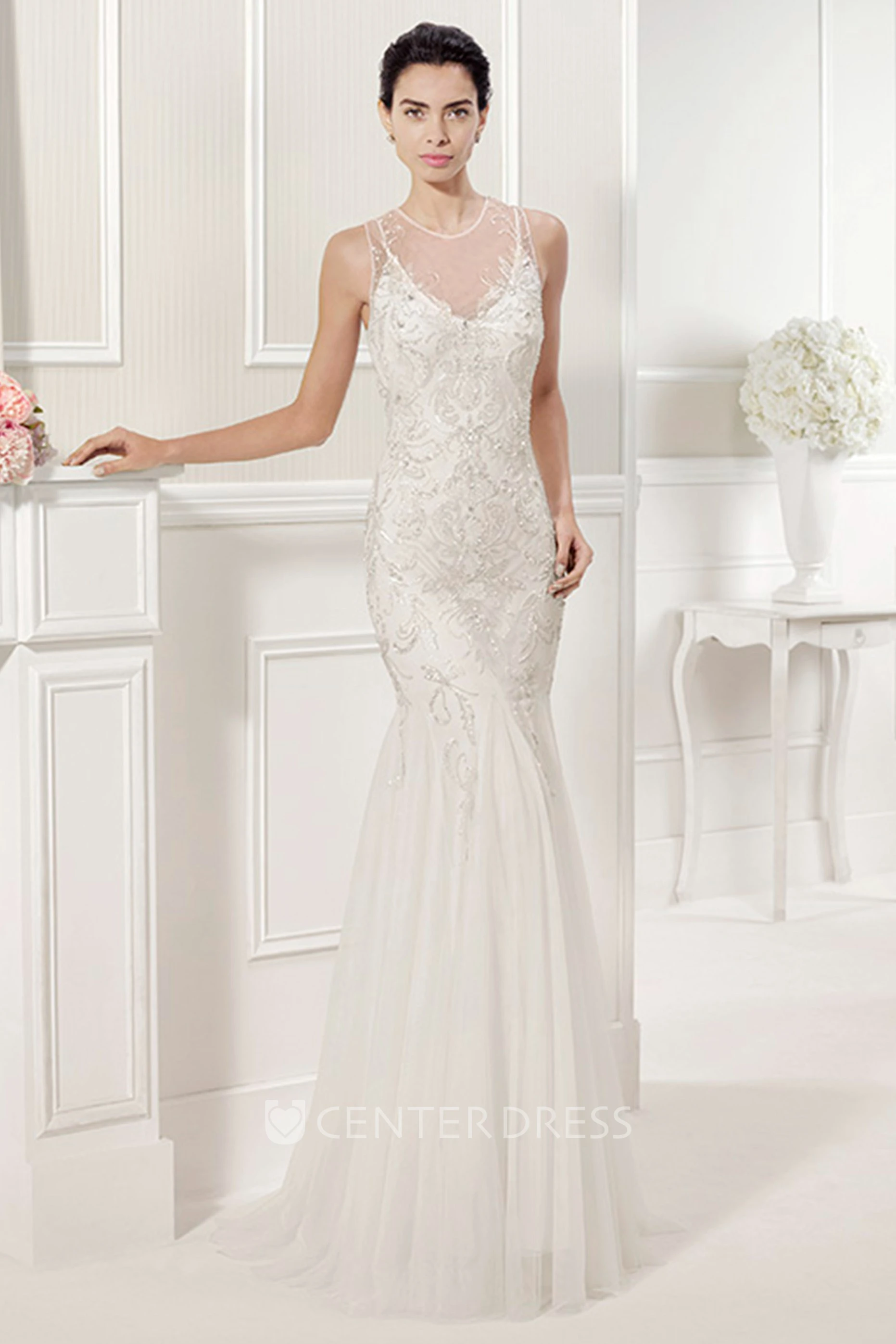 Jewel Neckline Sheath Tulle Bridal Gown With Embroidery And Crystals