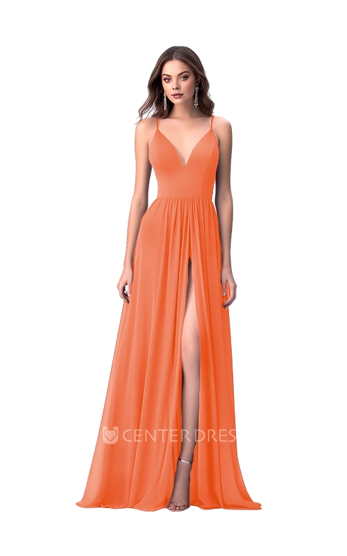 Romantic Chiffon A-Line Spaghetti V-neck Bridesmaid Dress with Front Split Classy Wedding Dress