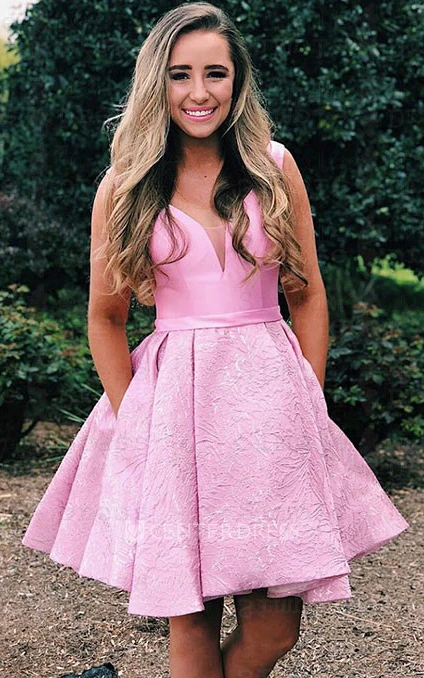 Romantic A Line Satin Straps V-neck Sleeveless Homecoming Dress with Embroidery