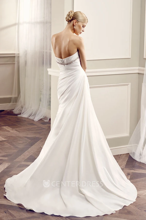 Strapless Floor-Length Side-Draped Chiffon Wedding Dress With Court Train And V Back