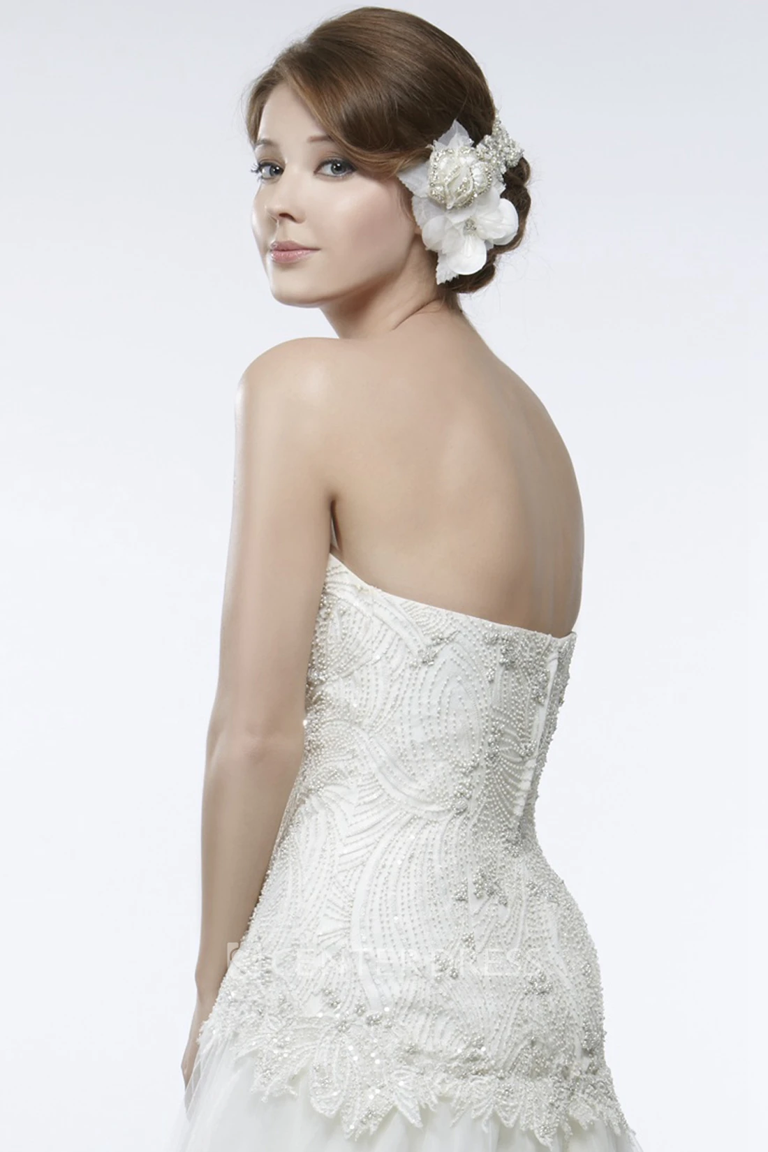A-Line Sweetheart Beaded Sleeveless Tulle Wedding Dress With Brush Train