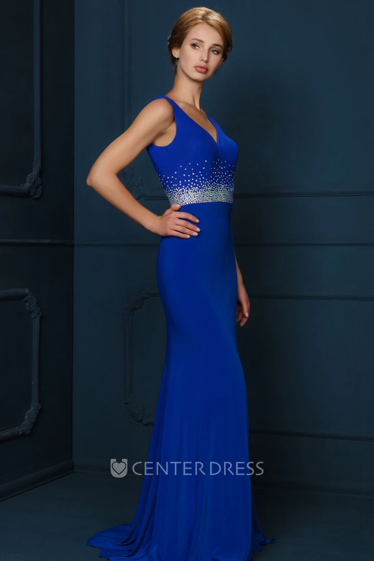 Sleeveless Beaded Floor-Length V-Neck Jersey Evening Dress With Pleats