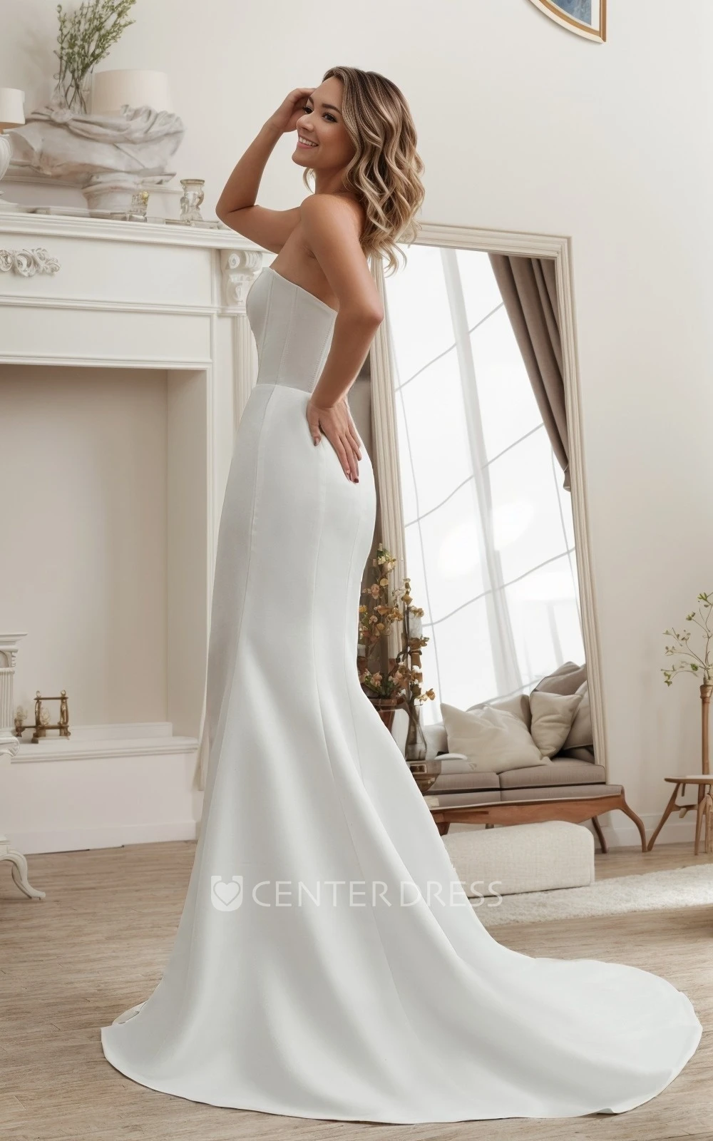 Romantic Sexy Mermaid Sweatheart Neckline Split Front Wedding Dress Minimalist Simple Sleeveless Strapless Floor Length Reception Fit and Flare Bridal Gown