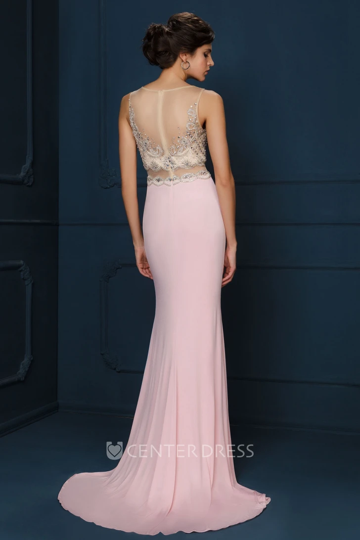 Sheath Appliqued Sleeveless Bateau Neck Chiffon Evening Dress