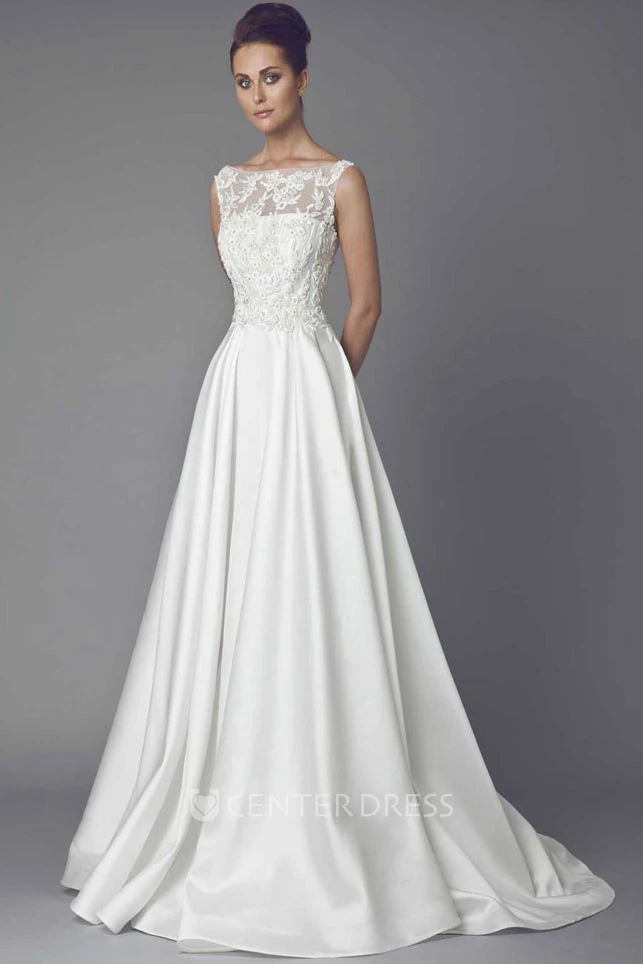Long Bateau Appliqued Satin Wedding Dress With Sweep Train And Illusion