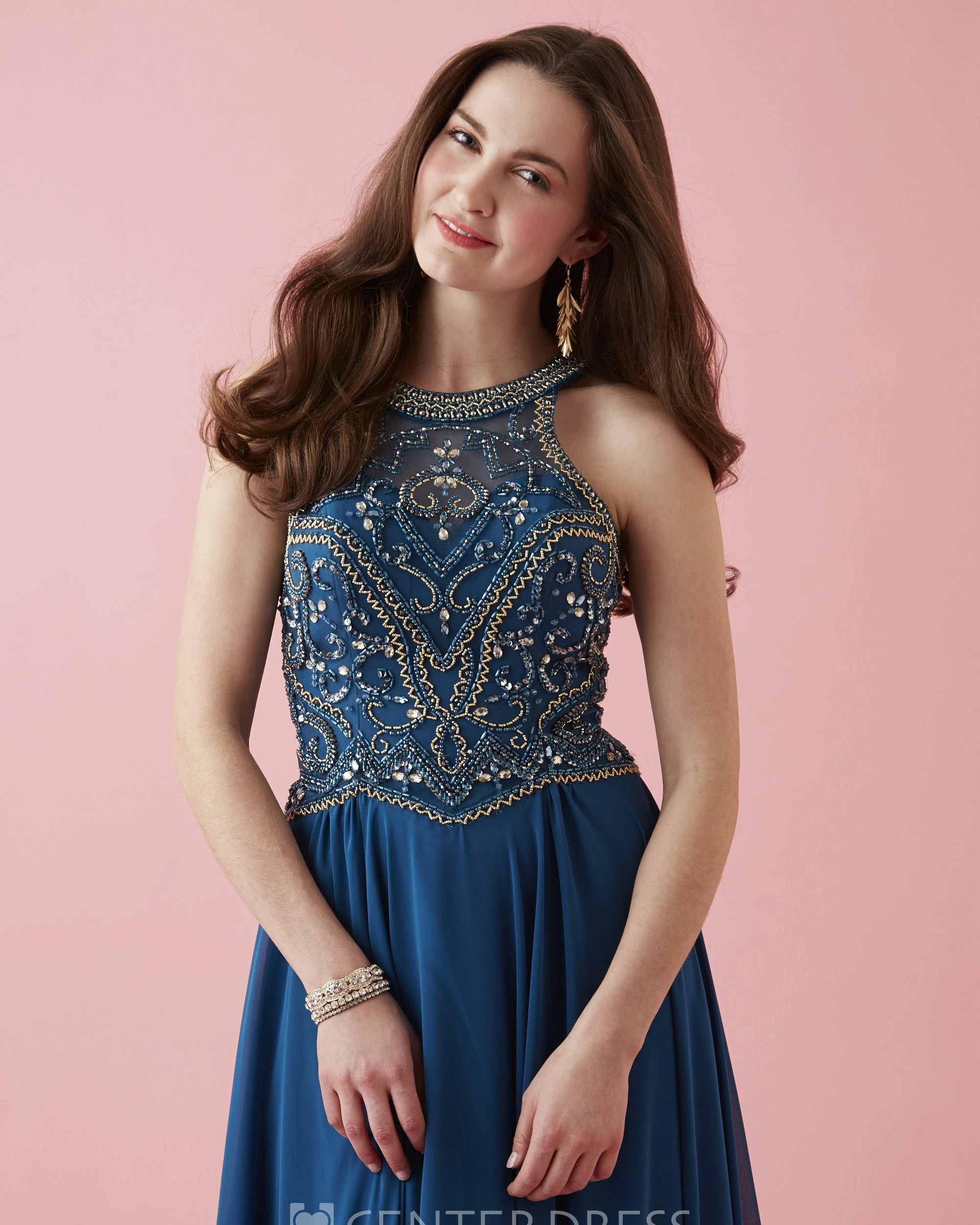 A-Line Scoop-Neck Sleeveless Chiffon Straps Dress With Beading And Pleats