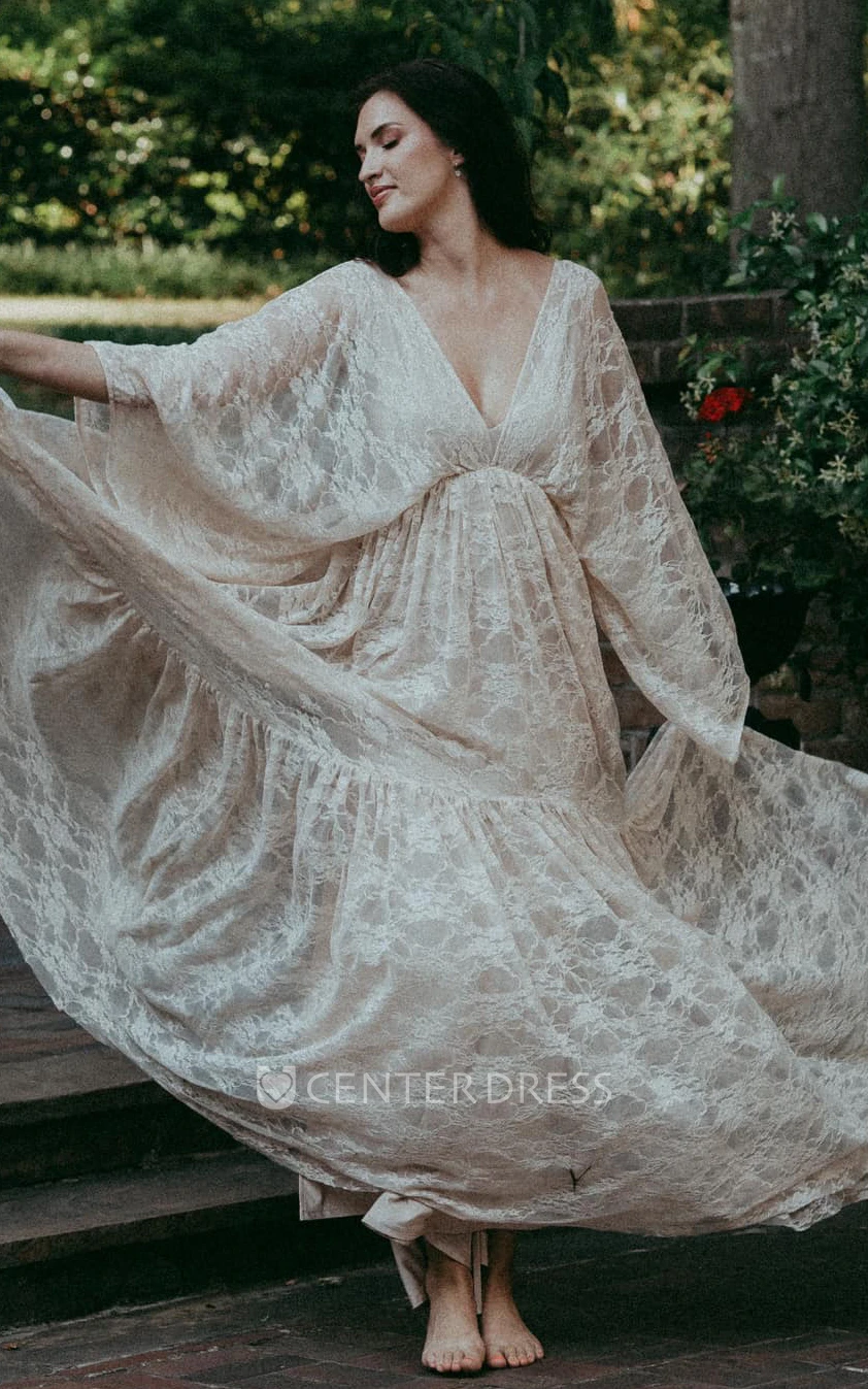 Beach Lace Wedding Dress A-Line Plunging Neckline Bat Sleeves Summer Bohemian