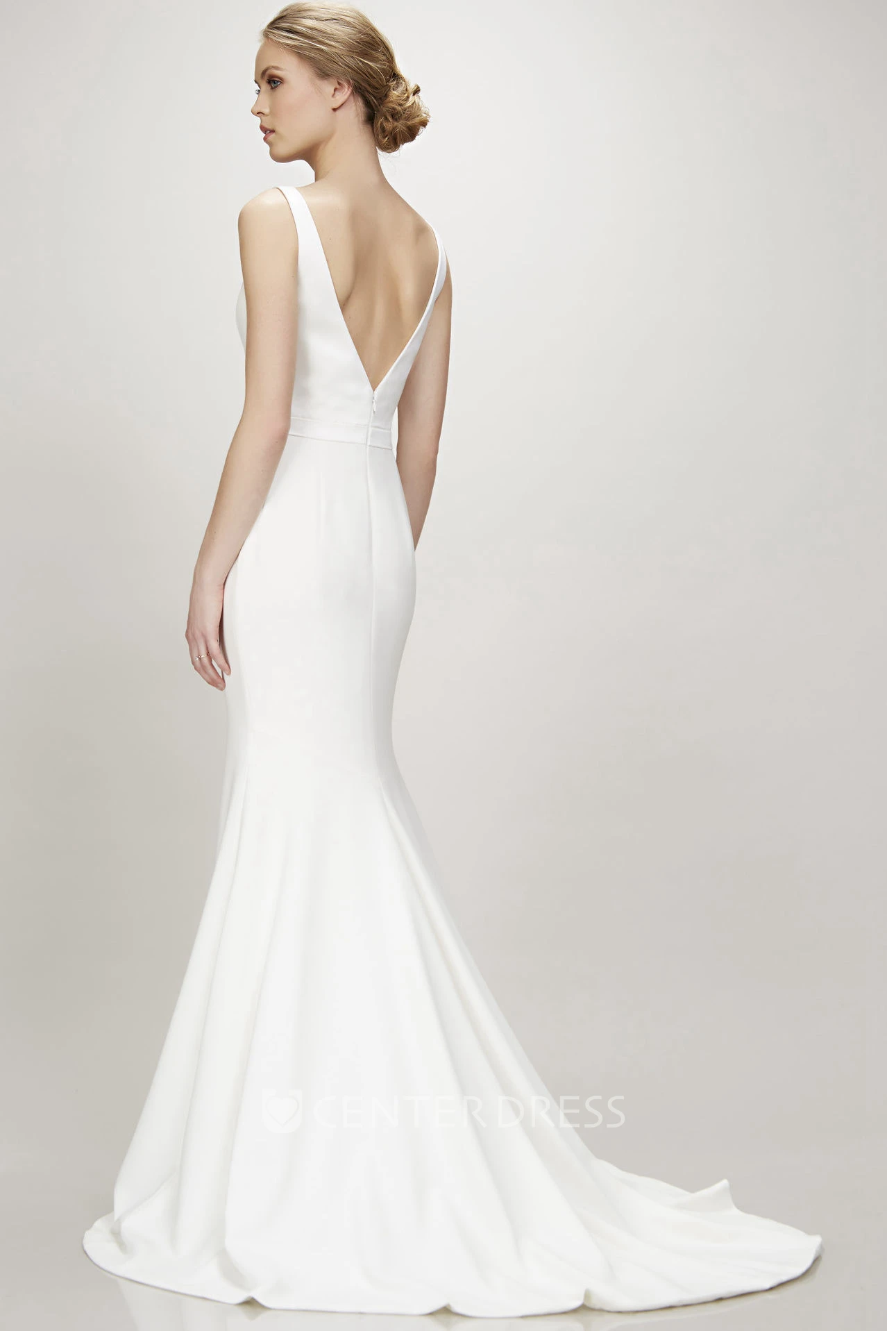 Long V-Neck Wedding Dress With Sweep Train And V Back