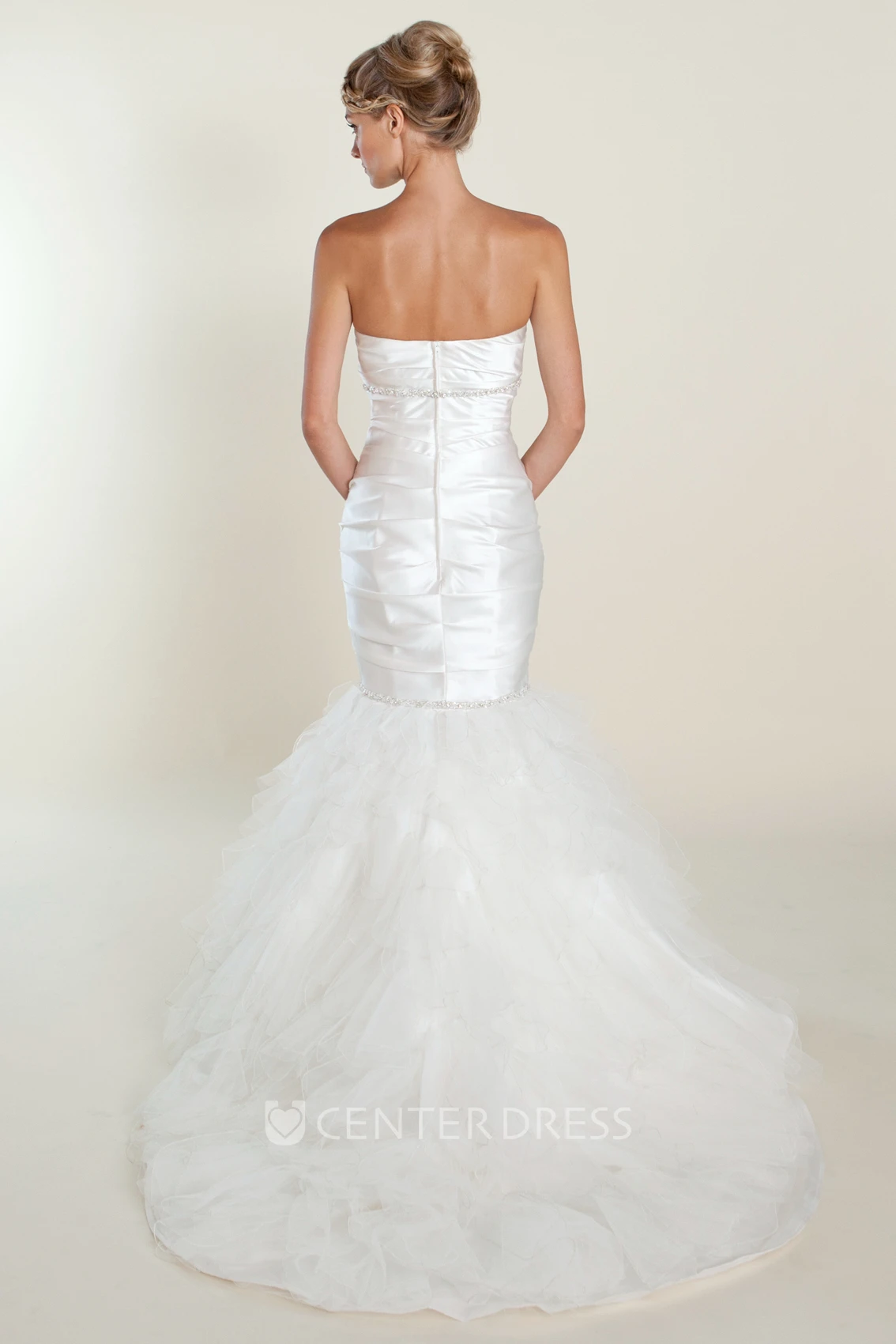 Trumpet Sleeveless Ruched Long Strapless Satin Spring Wedding Dress With Beading And Ruffles