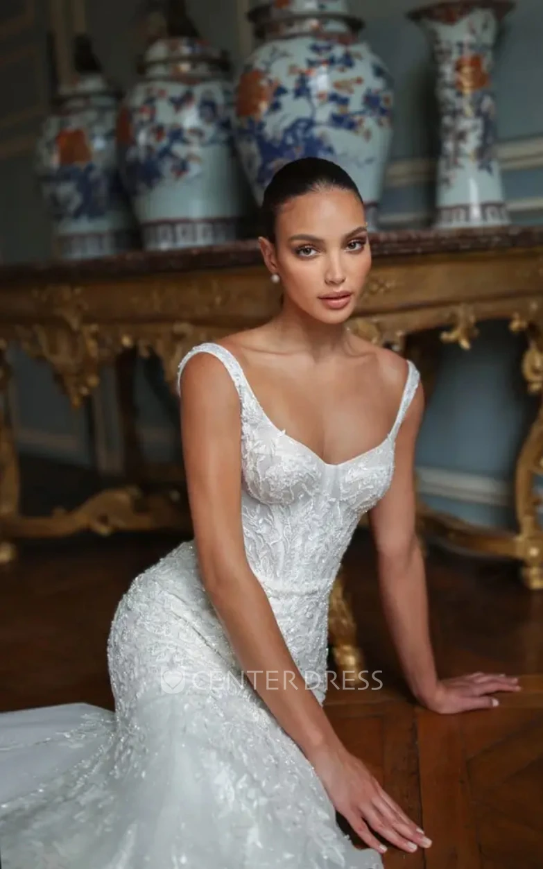 V-neck Mermaid Lace Beach Warm Wedding Dress Open Back Chic Elegant Country