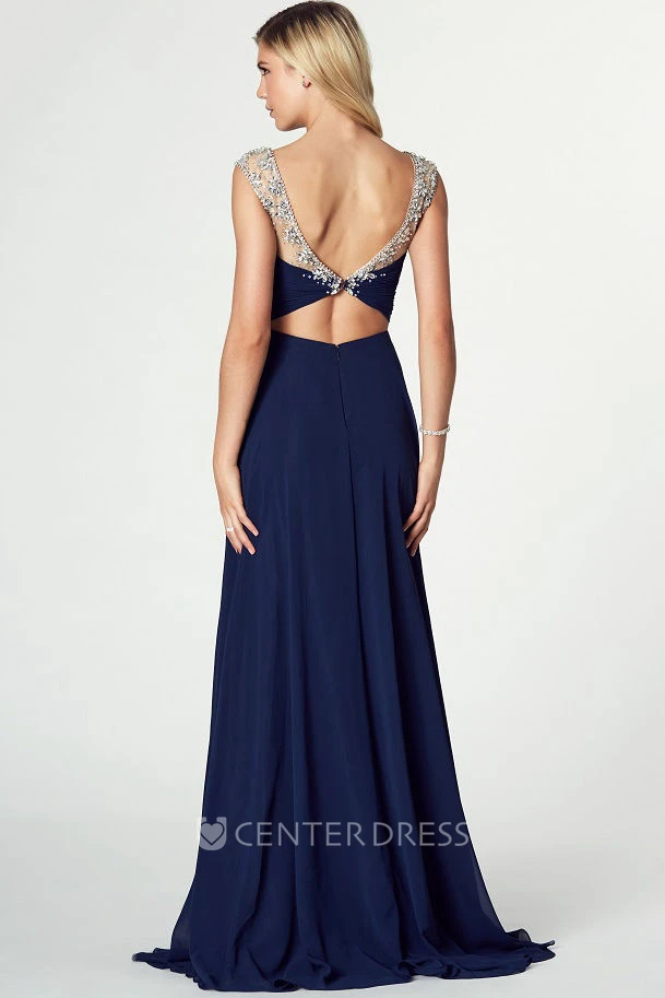 Maxi Scoop Neck Beaded Sleeveless Chiffon Prom Dress