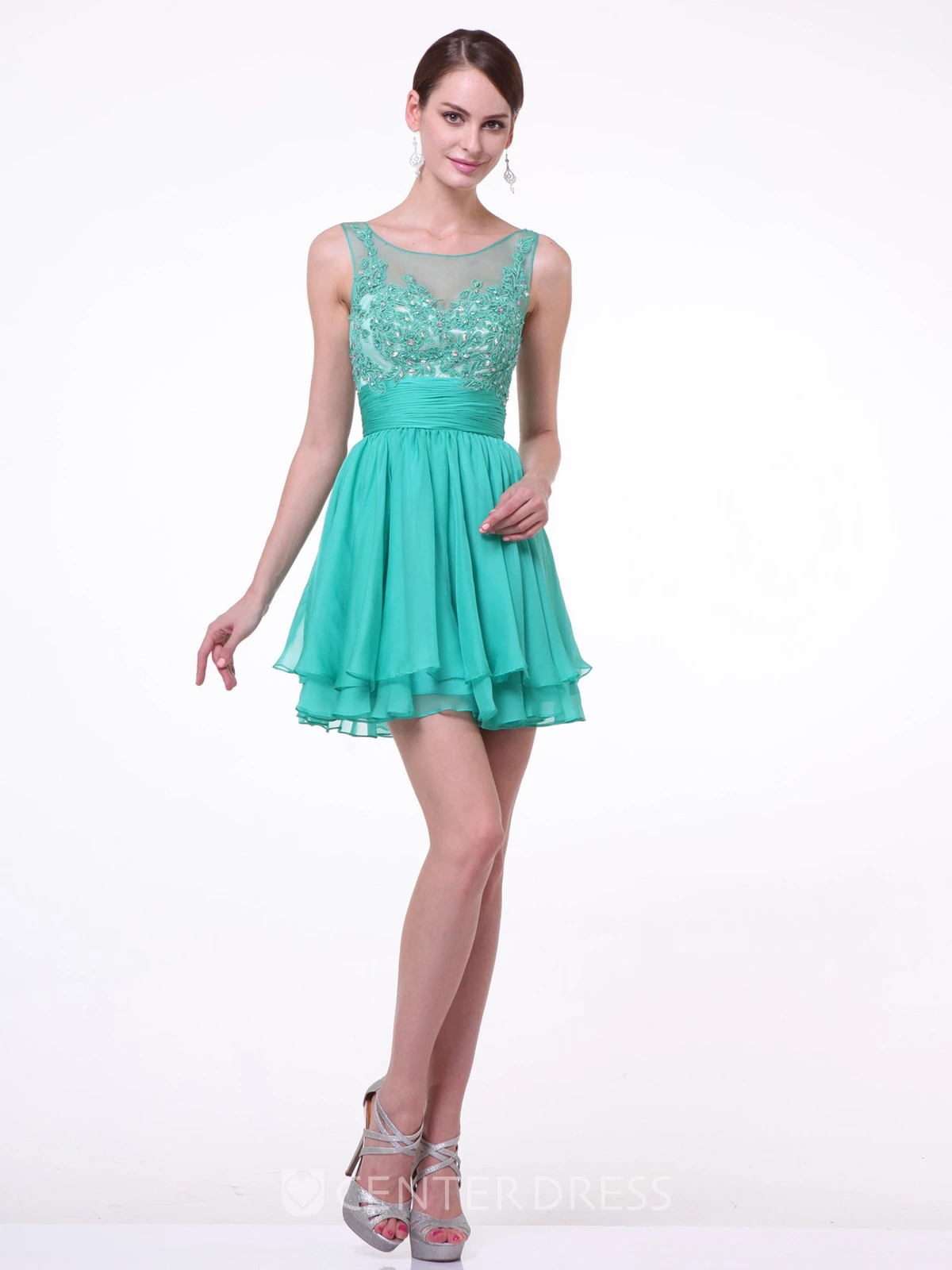 A-Line Short Bateau Sleeveless Chiffon Dress With Appliques And Tiers