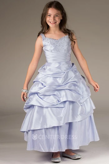 Flower Girl Beading Neck Taffeta Ball Gown With Ruffled Skirt