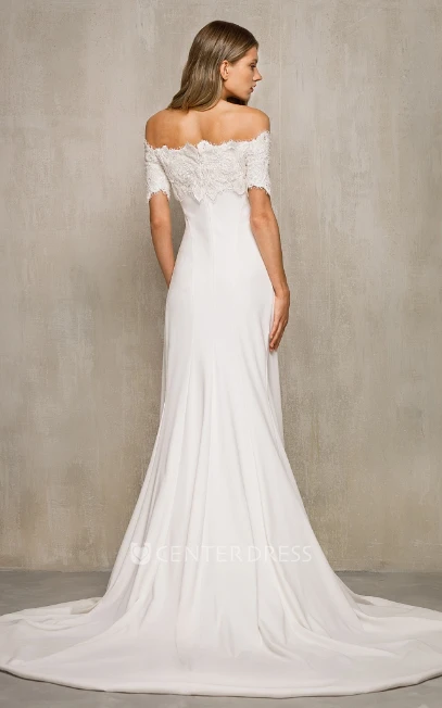 Casual Mermaid Charmeuse Off-the-shoulder Wedding Dress With Short Sleeve And Zipper Back