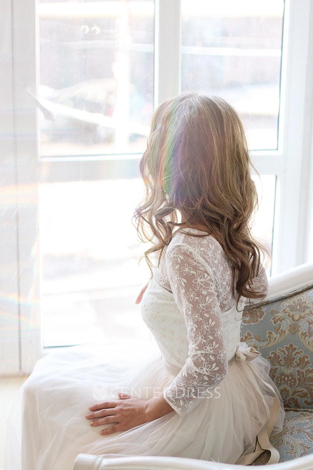 Scoop Neck Long Sleeve Tulle Warm Wedding Dress With Lace Bodice