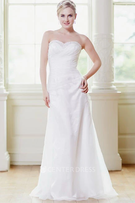 A-Line Draped Sweetheart Long Satin&Tulle Spring Wedding Dress With Beading And Corset Back