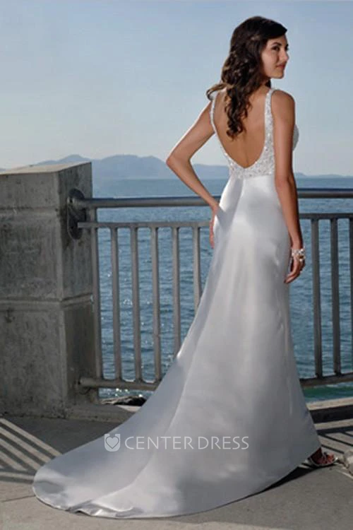 Sheath Column Spaghetti Straps V-neck Elatic Woven Satin Wedding Dress