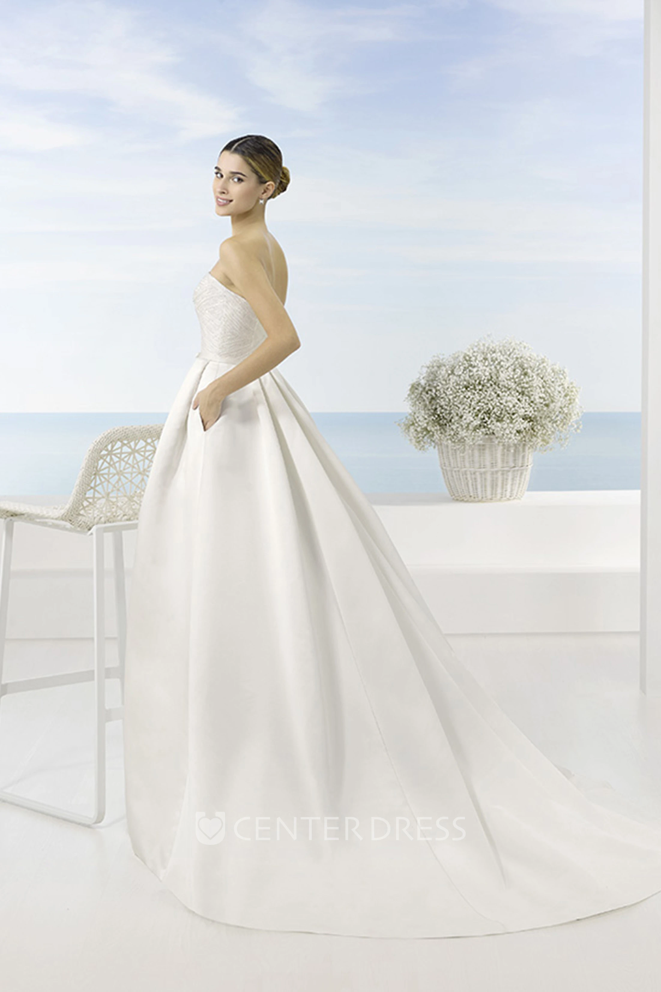 A-Line Beaded Long Sleeveless Strapless Satin Wedding Dress With Chapel Train And Low-V Back