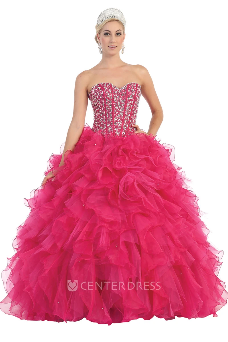 Ball Gown Sweetheart Organza Lace-Up Dress With Beading And Cascading Ruffles