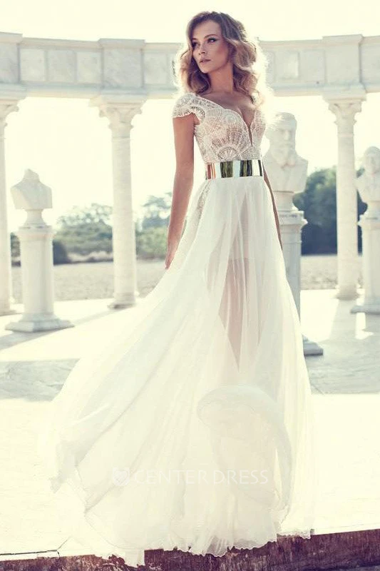 Cap Short Sleeve Asymmetrical High-Low A-Line V-neck Chiffon Lace Dress