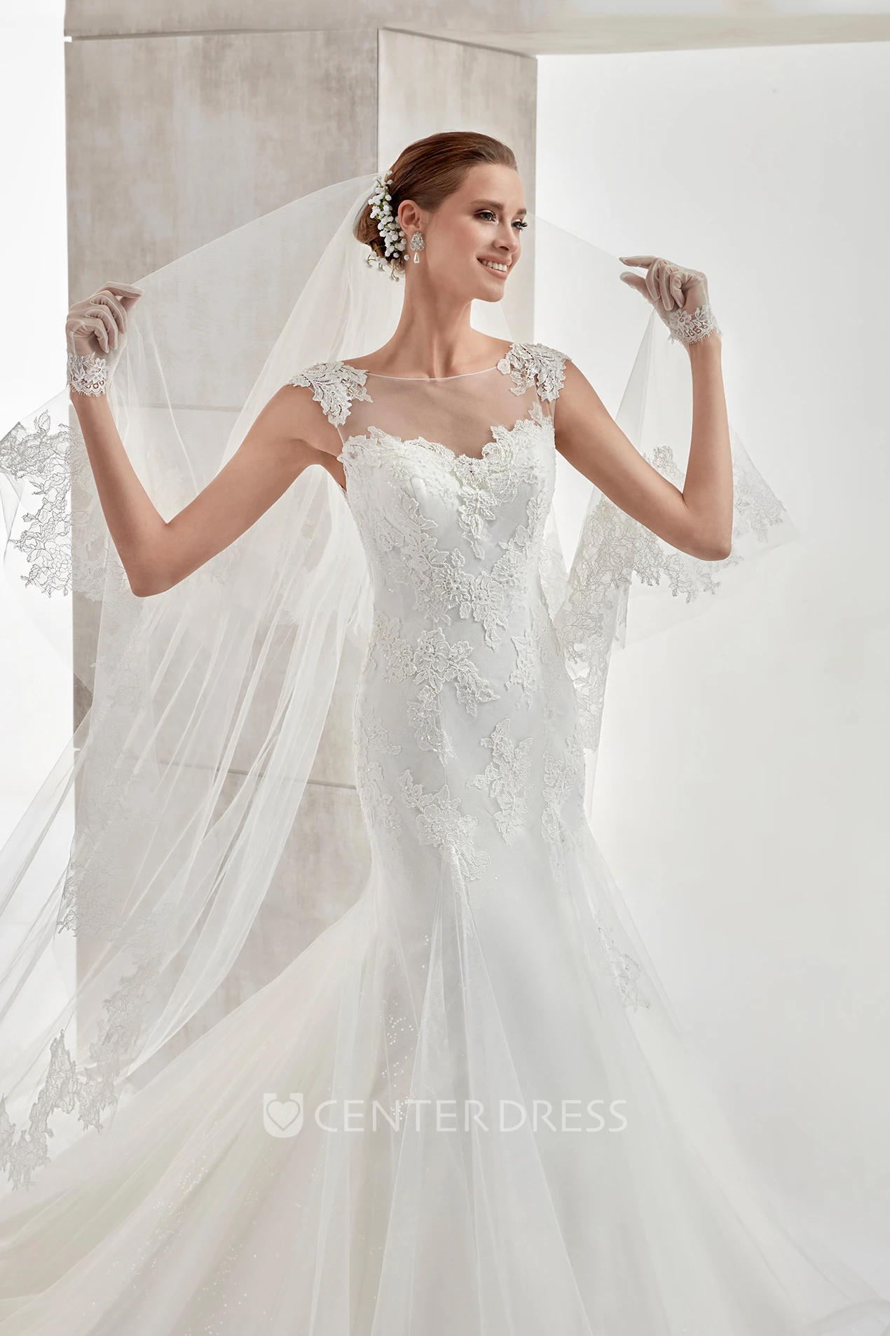 Jewel-neck Cap-sleeve Mermaid Wedding Dress with Appliques and Illusive Design