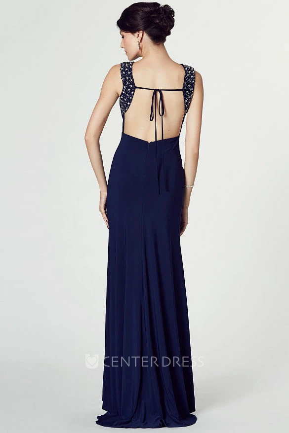 High-Low Beaded Scoop Neck Sleeveless Jersey Prom Dress With Brush Train