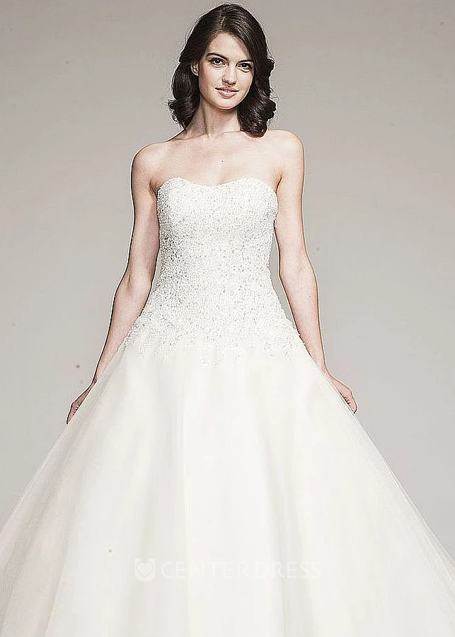 Ball Gown Long Strapless Tulle&Satin Wedding Dress With Beading