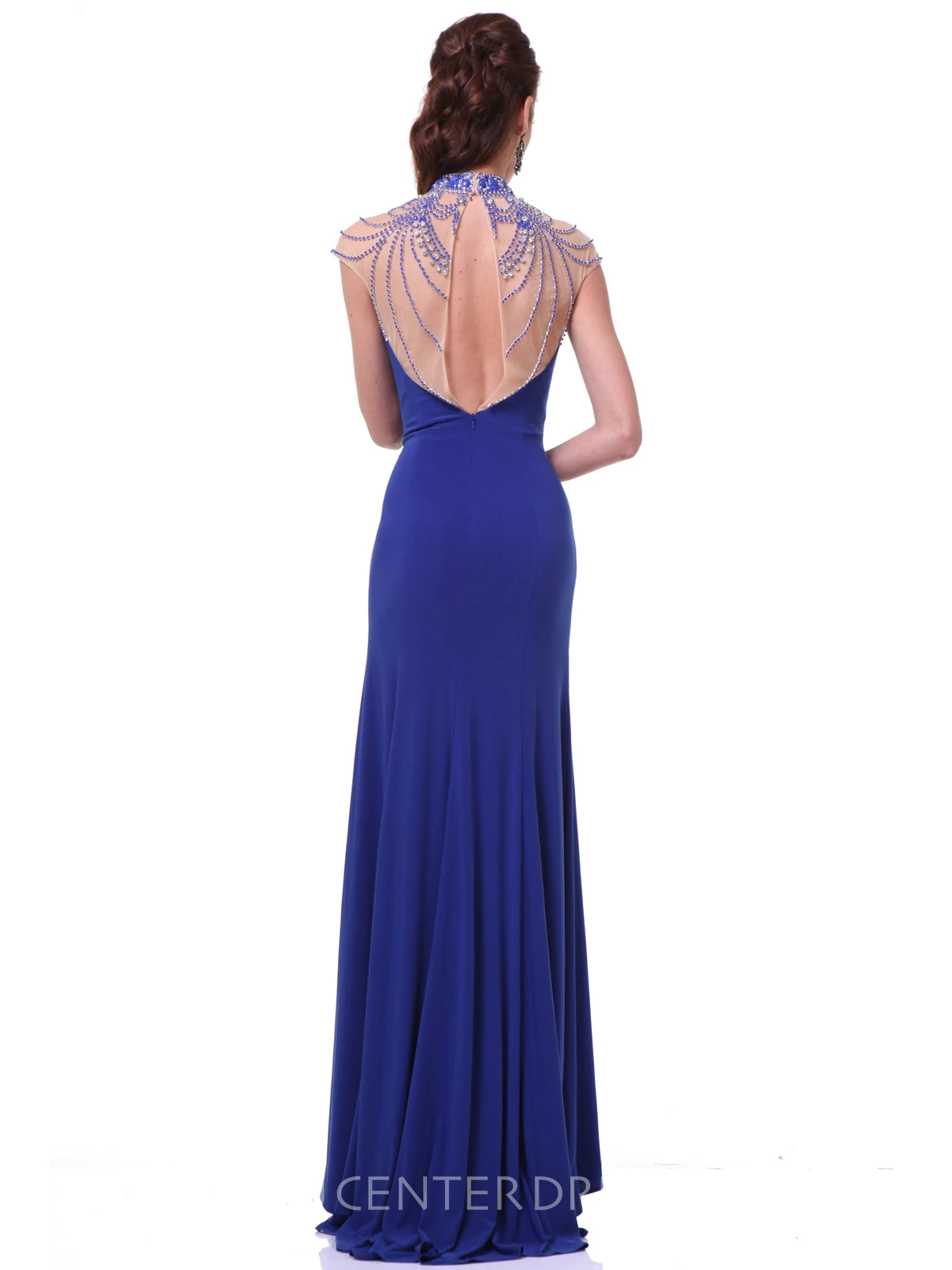 Sheath High Neck Cap-Sleeve Jersey Keyhole Dress With Crystal Detailing