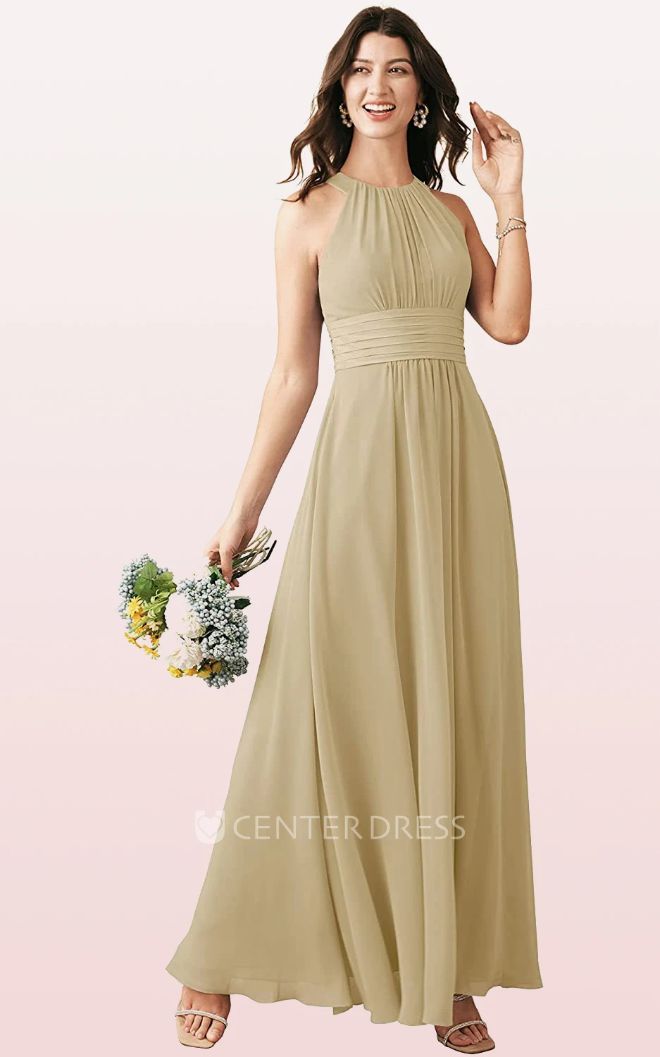 Modern Chiffon Ankle-length Halter A Line Sleeveless Bridesmaid Dress With Ruching