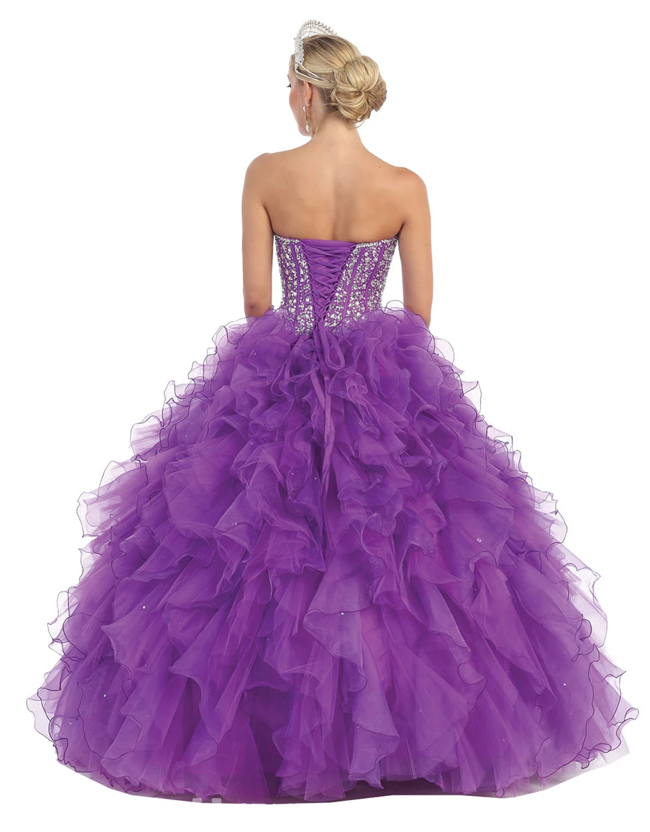 Ball Gown Long Sweetheart Sleeveless Organza Lace-Up Dress With Ruffles And Beading