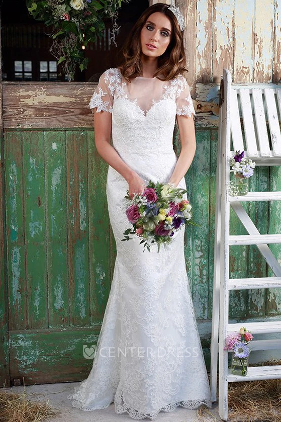 Sheath Floor-Length Bateau-Neck Short-Sleeve Lace Wedding Dress With Appliques And Illusion