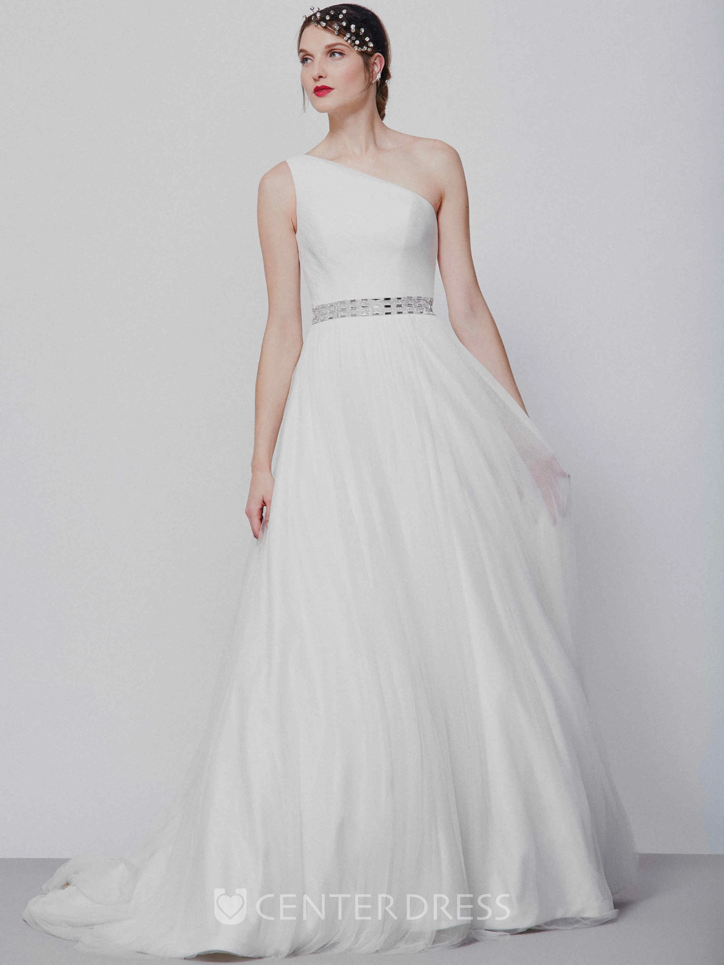 One-Shoulder Maxi Jeweled Chiffon Wedding Dress With Sweep Train
