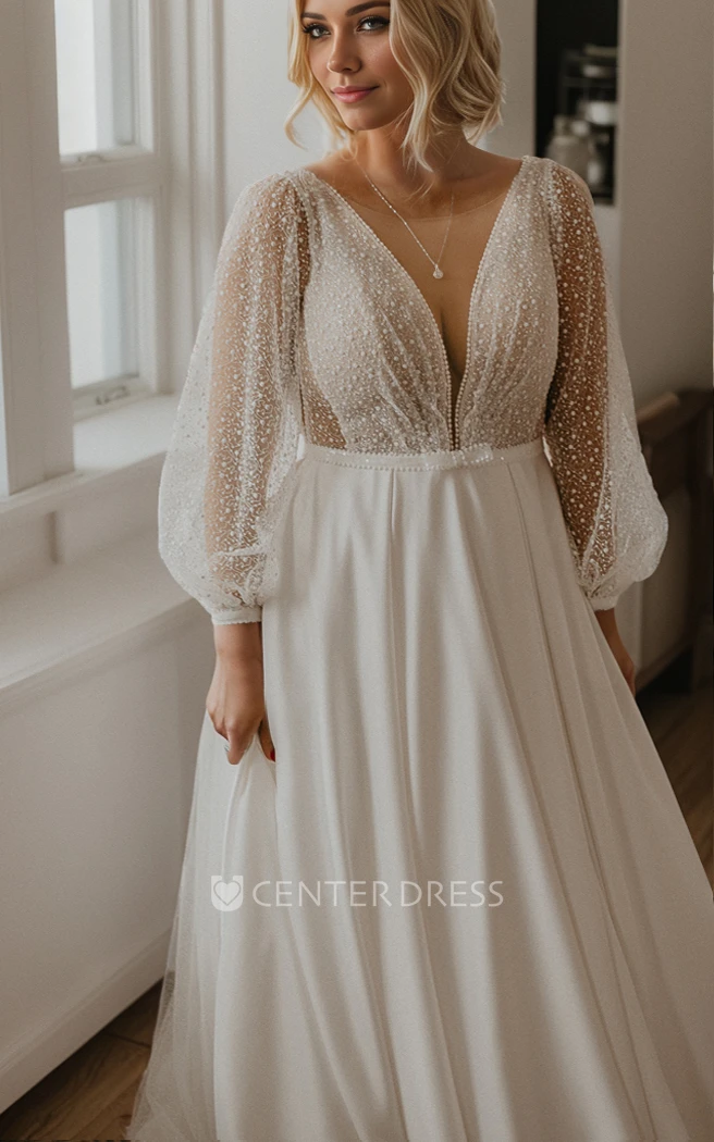 Sexy Modern Plus Size A-Line Ivory Satin Beading Winter Wedding Dress Formal Elegant Long Sleeve Backless Bridal Gown