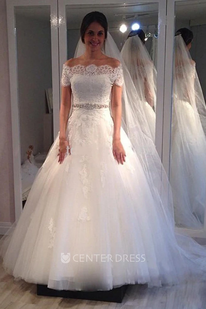 Short Sleeve Off-the-shoulder Tulle Ball Gown With Beaded Waistline