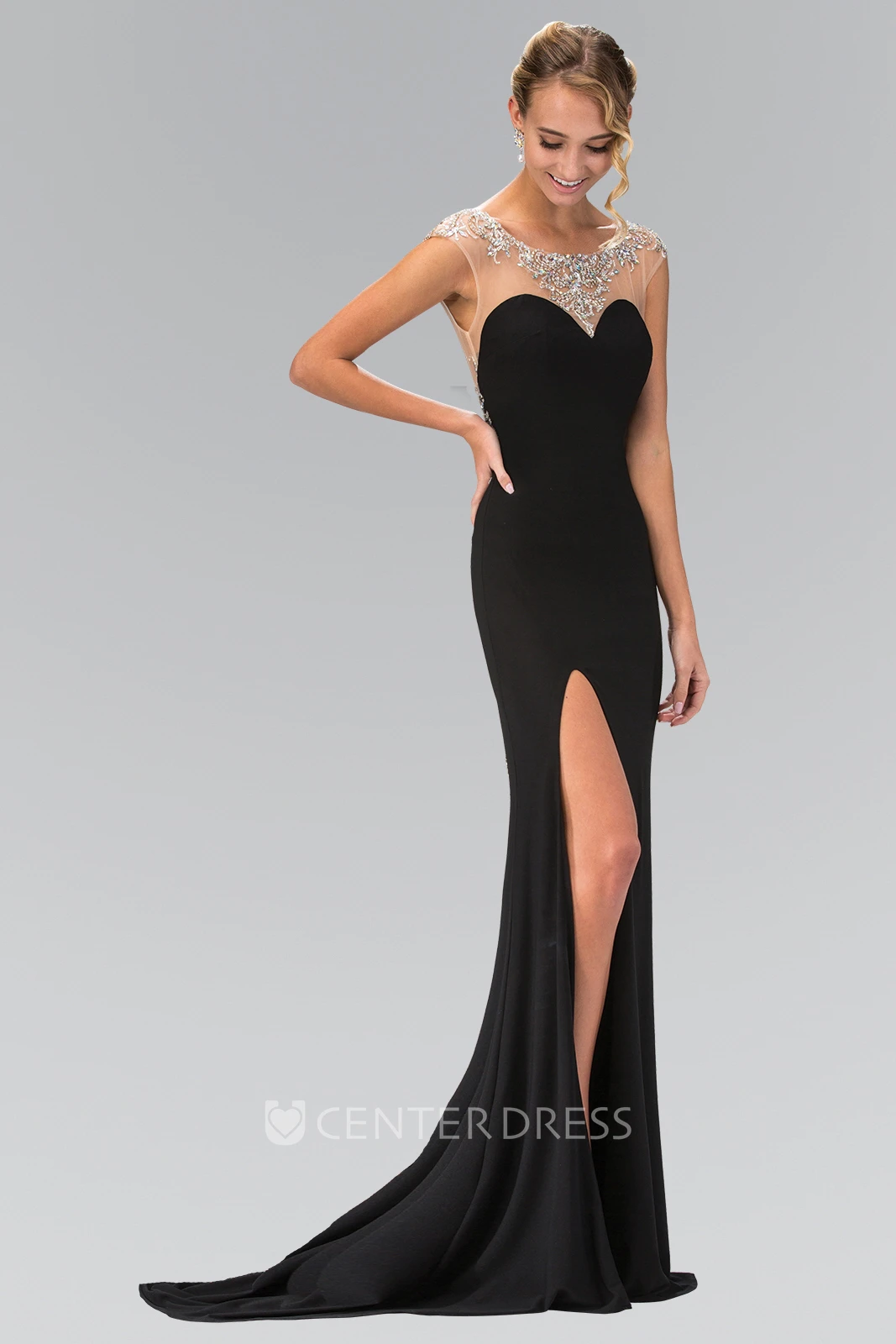 Sheath Maxi Scoop-Neck Cap-Sleeve Jersey Deep-V Back Dress With Split Front And Beading