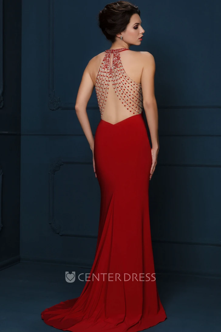 Sheath Beaded Sleeveless Long Scoop-Neck Jersey Evening Dress