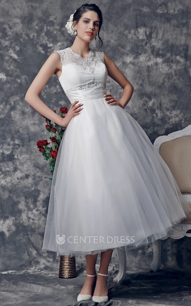 Vintage Tea-Length Wedding Dress with Illusion Back