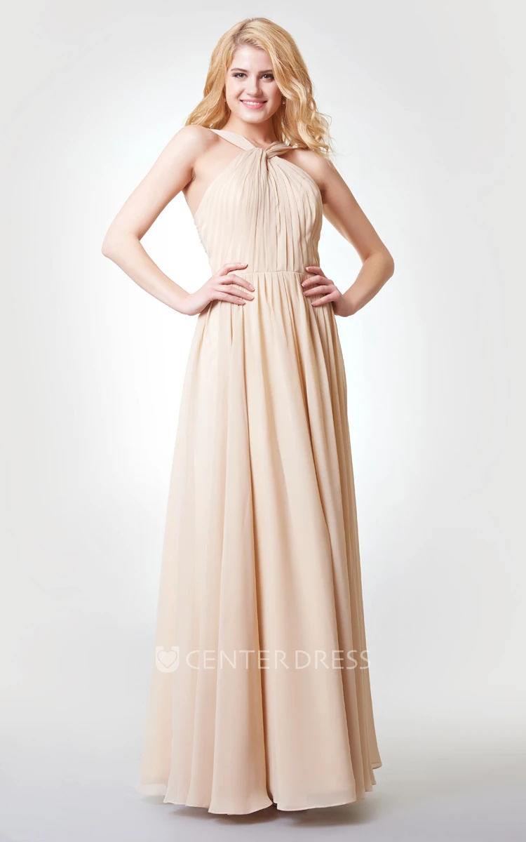 Sleeveless A-line Ruched Long Chiffon Dress With Pleats