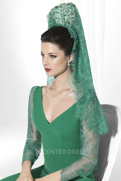 3-4-Sleeve V-Neck Lace Floor-Length Jersey Prom Dress